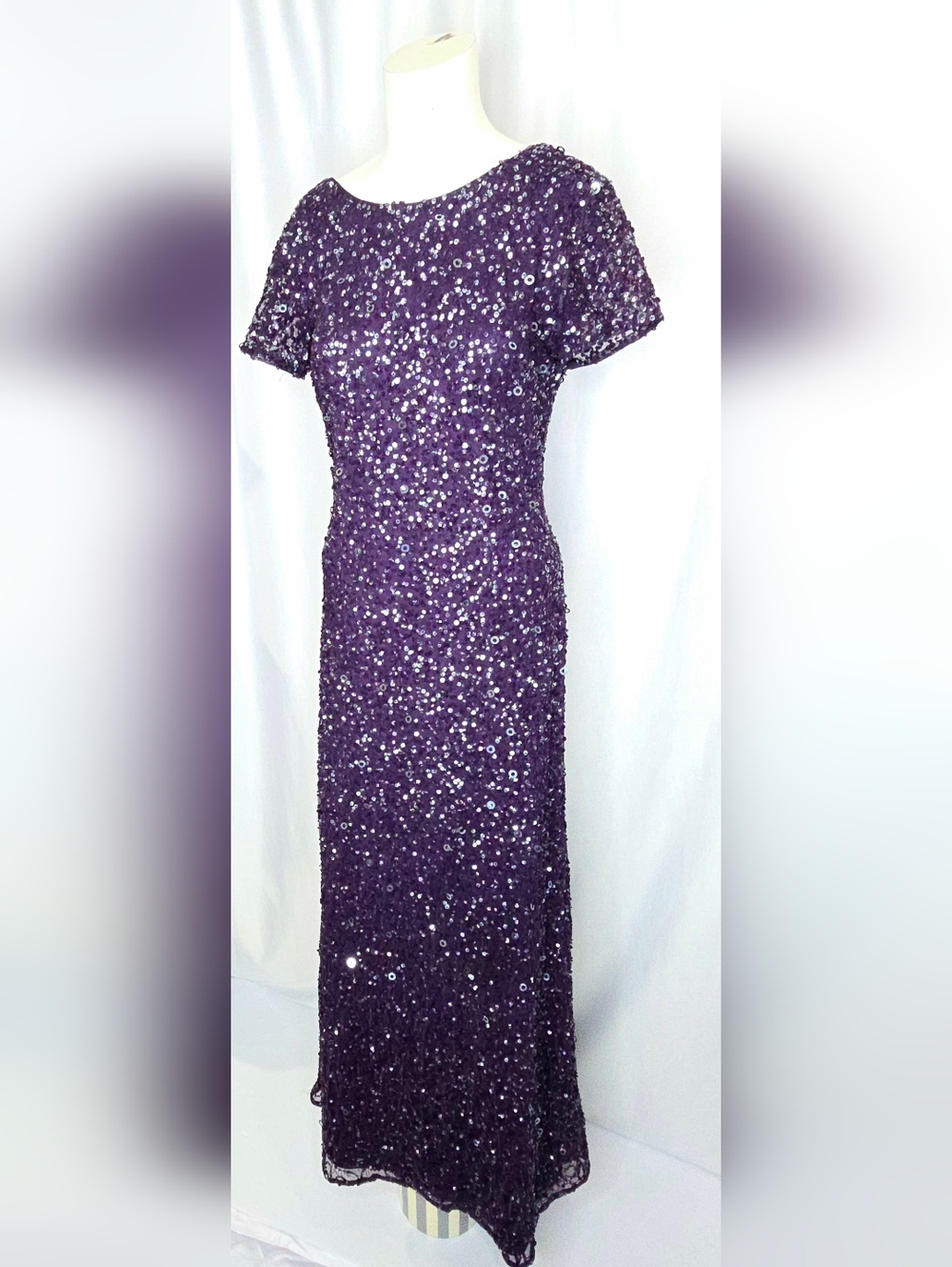 Adrianna Papell Deep Purple Sequin Formal Gown With Train Wedding Guest 10 NWOT‎ - Picture 3 of 14